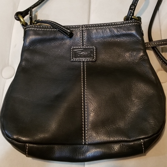 FOSSIL Black Brown Gold Patch Leather Crossbody - Picture 2 of 7